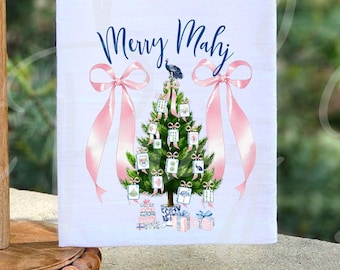 Coquette Christmas Tea Towel: Mahjong Tile Tree, Pink Preppy Holiday Decor