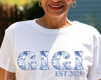 Gigi Est. Year Shirt - Blue Toile Floral Grandmother Tee - Bella Canvas Cottagecore Gift