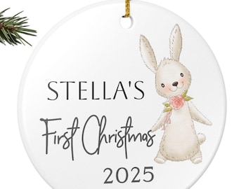 Personalized Baby's First Christmas Ornament: Watercolor Bunny Keepsake
