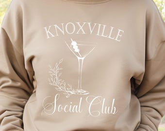 Knoxville Social Club Sweatshirt with Hand-Drawn Martini | Vintage Collegiate Style Crewneck for Cocktail Lovers