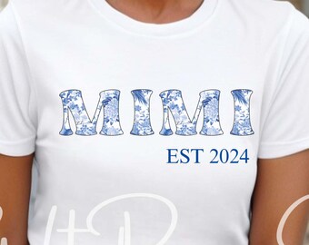 New Mimi Est. Year Bella Canvas Tee: Blue Toile Grandmother Gift