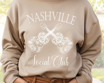 Nashville Social Club Sweatshirt with Crossed Guitars Line Art | Vintage Music City Crewneck