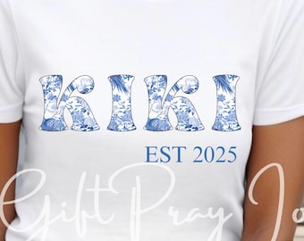 New Kiki Est. Year Shirt - Blue Toile Floral Grandmother Tee - Bella Canvas Cottagecore Gift