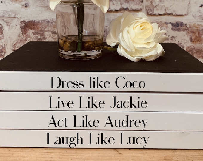 Featured listing image: Decorative Designer 4 Book Stack "Laugh like Lucy", Coco, Jackie, Audrey, Lucy Custom coffee table book stack