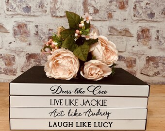 Dress Like Coco, Laugh like Lucy Decorative Book Stack Decor in fun fonts, Iconic Women Gift