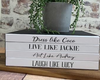 Decorative Designer 4 Book Stack "Laugh like Lucy", Coco, Jackie, Audrey, Lucy Custom coffee table book stack in fun fonts