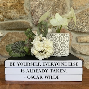 May include: A stack of three white books with black text. The top book reads "Be yourself, everyone else is already taken. - Oscar Wilde". A white ceramic planter with a grey geometric pattern holds a green plant with white flowers.