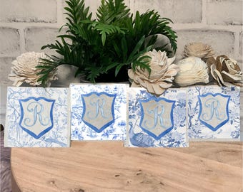 Elegant Marble Coasters with Monogram - Chic Blue Chinoiserie Touch