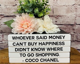 Coco Chanel Quote Book Stack – “Money Can’t Buy Happiness” Decorative Books for Shelf Styling, Coffee Table Decor, Blank Faux Books