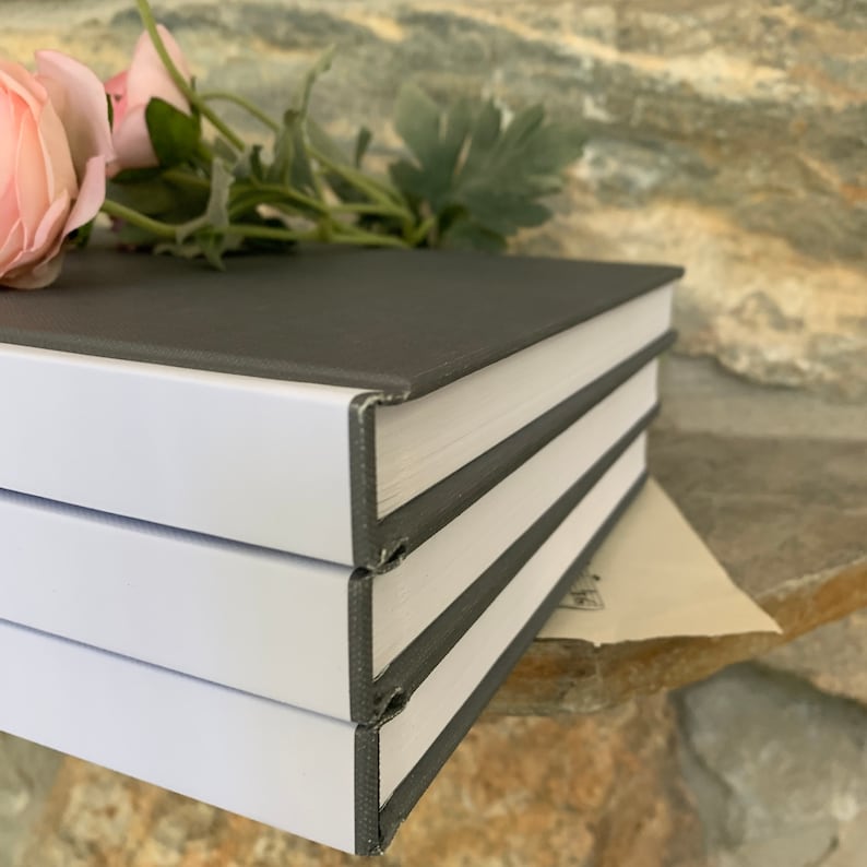 May include: Three hardcover books stacked on top of each other. The top book has a dark gray cover and the bottom two books have white covers with dark gray edges.