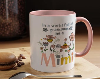 Mimi Coffee Mug | Floral Grandma Gift, Pink Handle