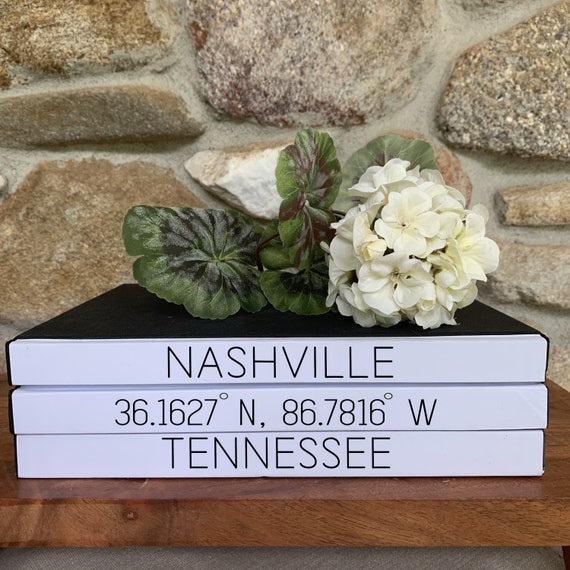 Nashville Map Decorative Book Stack: Music City Coordinates, Handmade Bookcase Decor