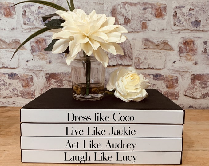 Featured listing image: Decorative Designer 4 Book Stack "Laugh like Lucy", Coco, Jackie, Audrey, Lucy Custom coffee table book stack