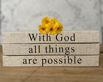 Linen Book Stack with Bible Verse "All Things Are Possible" - Christian Home Decoration - Inspirational Gift