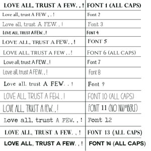 May include: A chart displaying 14 different fonts, each with the phrase "LOVE ALL, TRUST A FEW." The fonts are labelled with numbers 1 through 14, and some fonts are labelled as "ALL CAPS" or "NO NUMBERS".