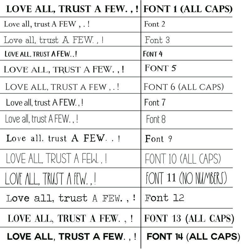 May include: A chart displaying 14 different fonts, each with the phrase "LOVE ALL, TRUST A FEW." The fonts are labelled with numbers 1 through 14, and some fonts are labelled as "ALL CAPS" or "NO NUMBERS".