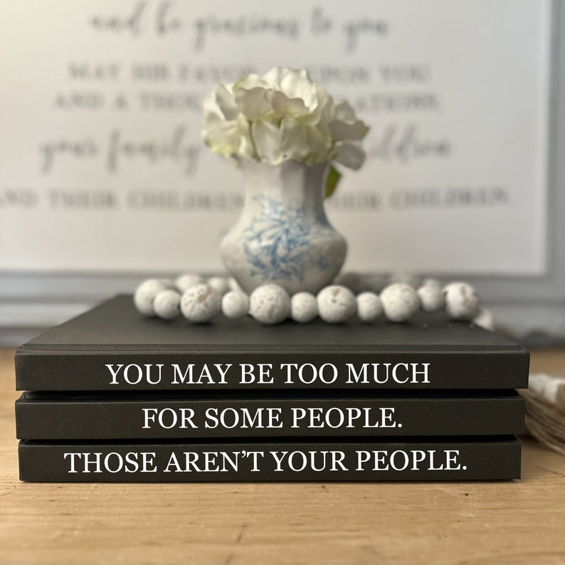 Custom Quote Book Stack: Minimalist Coffee Table Decor All Black, WHT Font