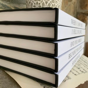 May include: A stack of five white books with black spines. The books have text on the spines that reads "When I Saw You", "I Fell In Love", "And You Smiled", "Because You Are", "Shakespeare".