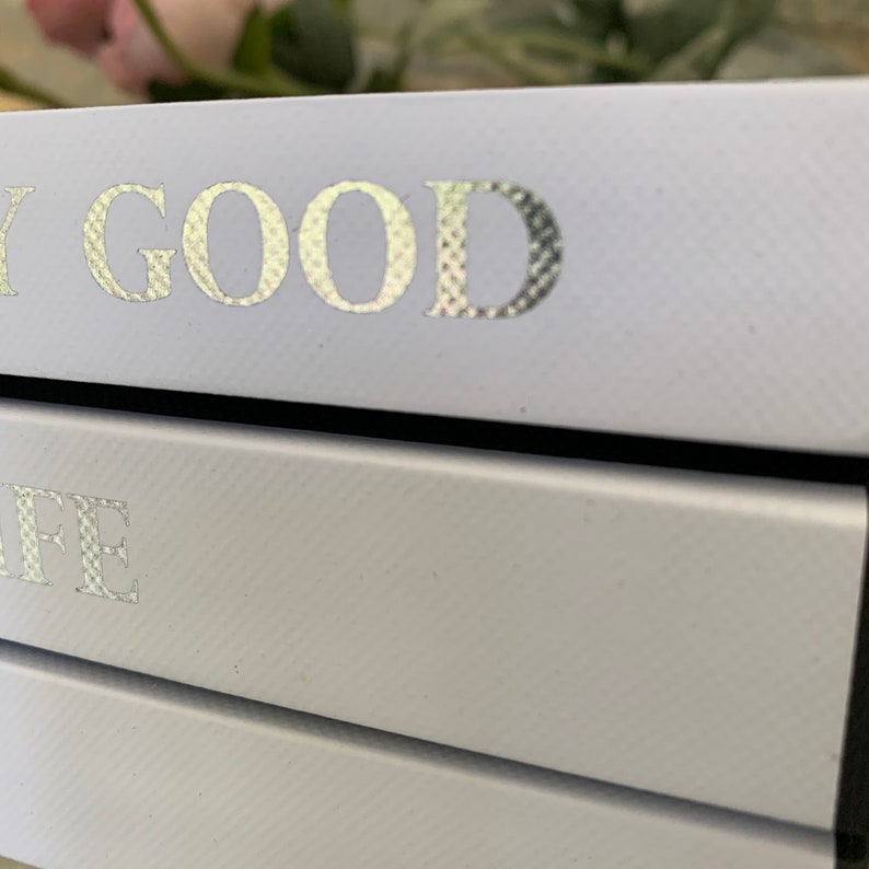 May include: A stack of three light blue books with silver foil lettering. The top book says "Very Good", the middle book says "Life", and the bottom book is not visible.