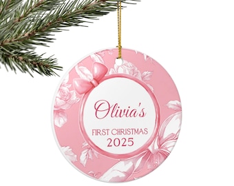 Personalized First Christmas Ornament: Pink Coquette Bow Keepsake