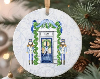 Chinoiserie Christmas Ornament: Vintage Blue Nutcracker Door, Ceramic Holiday Decor
