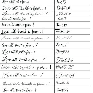 May include: A black and white image showing the phrase "Love all, trust a few." written in different fonts. The fonts are numbered from 15 to 28.