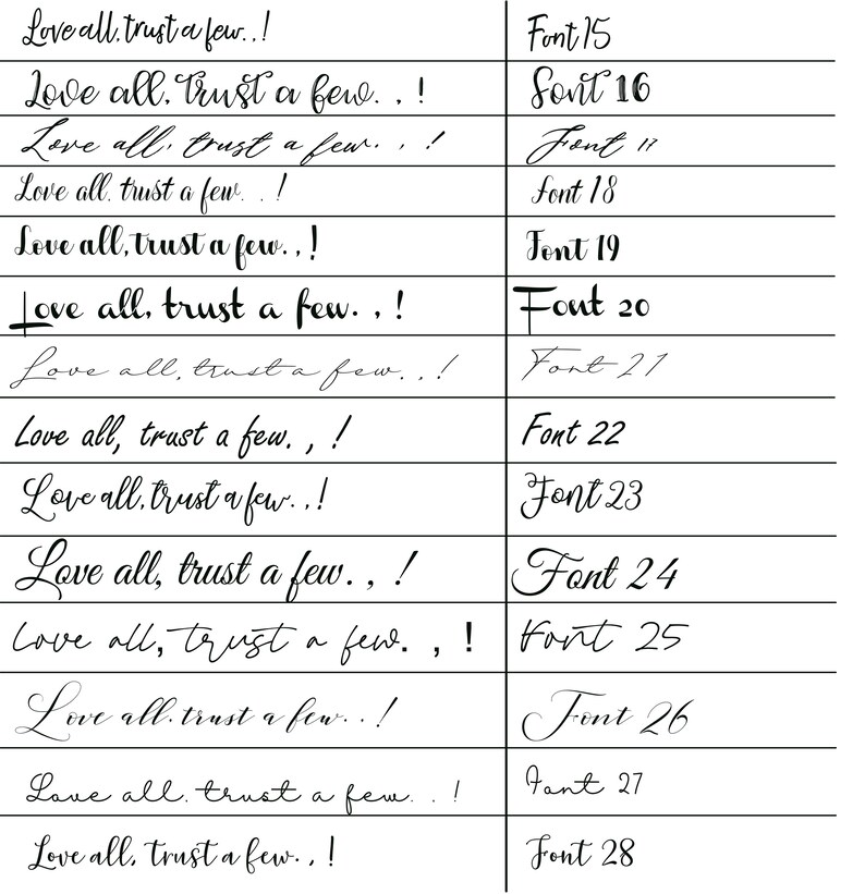May include: A black and white image showing the phrase "Love all, trust a few." written in different fonts. The fonts are numbered from 15 to 28.