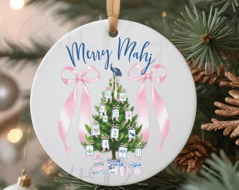 Coquette Mahjong Christmas Ornament: Pink Tree Ceramic Ornament