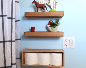 Farmhouse Reclaimed Wood Floating Shelves: Bathroom Toilet Paper Holder Set