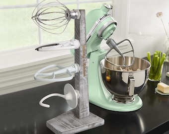 Personalized Farmhouse KitchenAid Attachment Holder – Rustic Wood Stand
