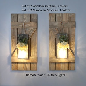 Large Farmhouse Shutters Wall Decor Set of 2, Handmade Distressed Wood Country Mason Jar Wall Decor, Rustic Sconce With Flowers Wall Hanging