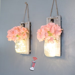 Farmhouse Wall Decor Living Room Set of 2, Mason Jar Sconces Wall Decor, Decorative wall sconce w/ Remote Fairy Lights &Hydrangea Flowers