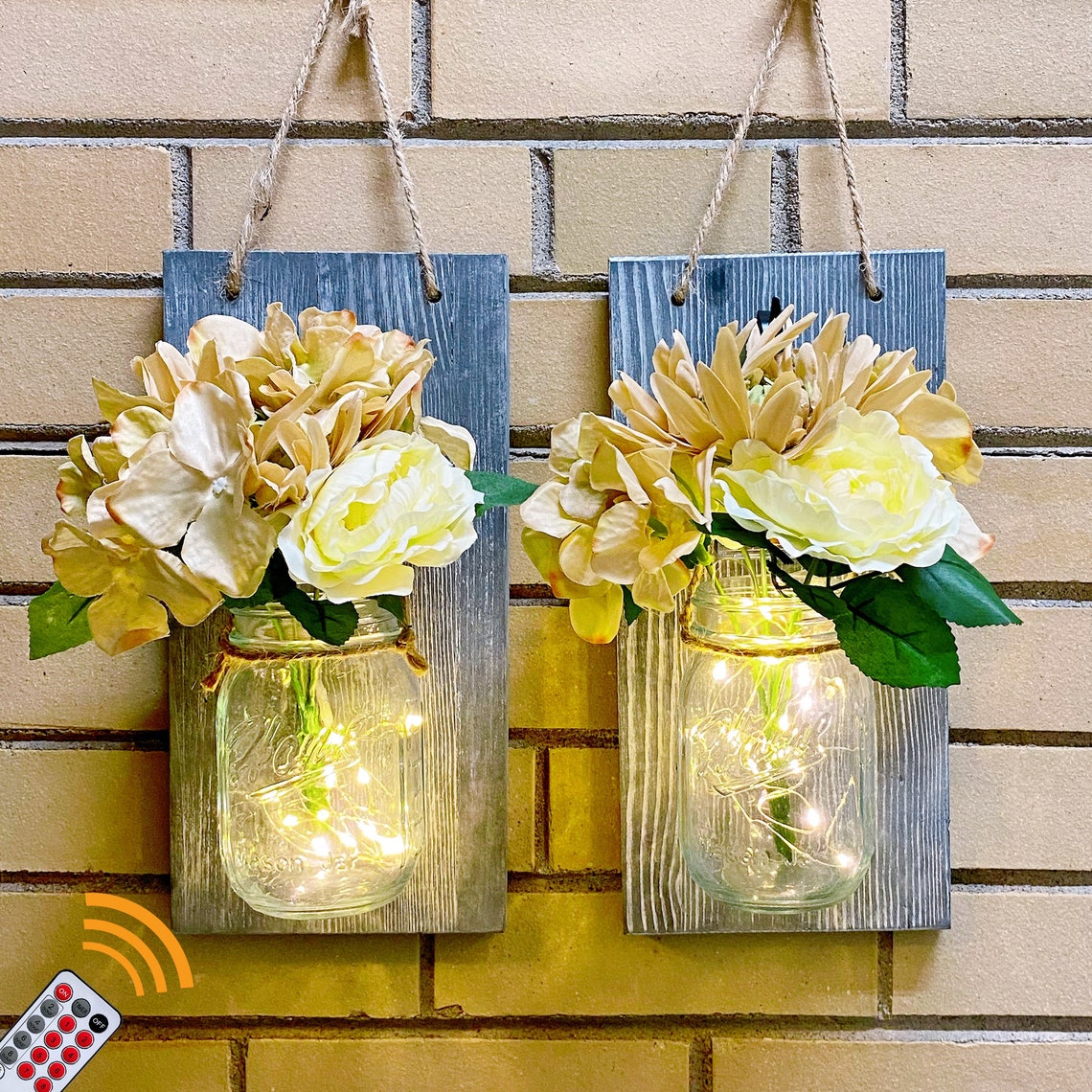 Rustic Mason Jar Sconce With LED Lights W Remote Mason Jar Etsy