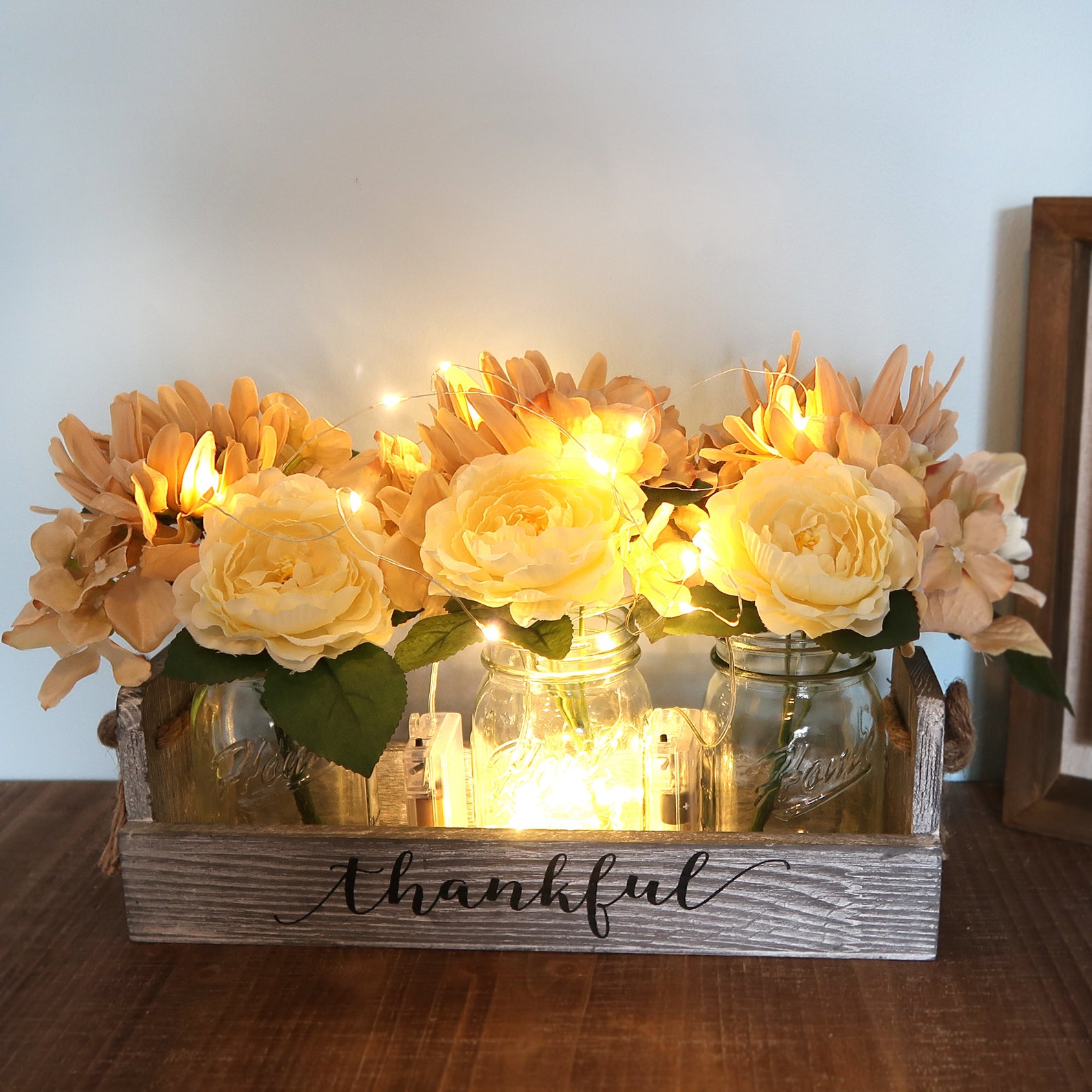 Remote LED Fairy Lights Mason Jar Centerpiece, Center Piece for Dinning