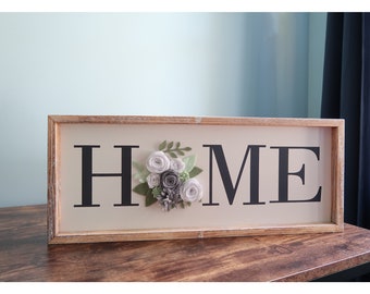 Felt Flower HOME Sign: Rustic Wood Framed Wall Decor