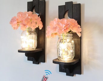 Farmhouse Wall Candle Sconces Set: Rustic Wood Decor with Mason Jars & LED Lights
