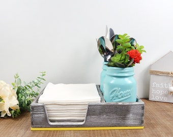 Rustic Wood Napkin and Silverware Holder with Mason Jars