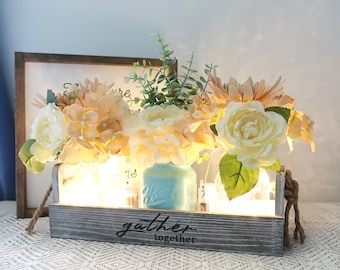 Personalized Mason Jar Table Centerpiece with Lights and Flowers
