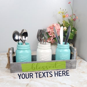 Personalized Mason Jar Utensil Holder, Custom Silverware Organizer For Spoons, Knives, Forks with Rustic Wood Tray,Flatware Storage
