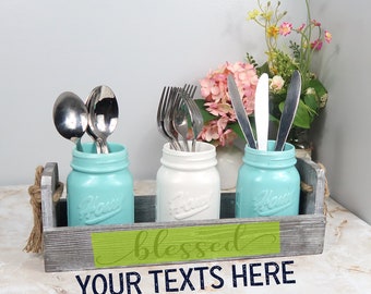 Personalized Mason Jar Utensil Holder, Custom Silverware Organizer For Spoons, Knives, Forks with Rustic Wood Tray,Flatware Storage