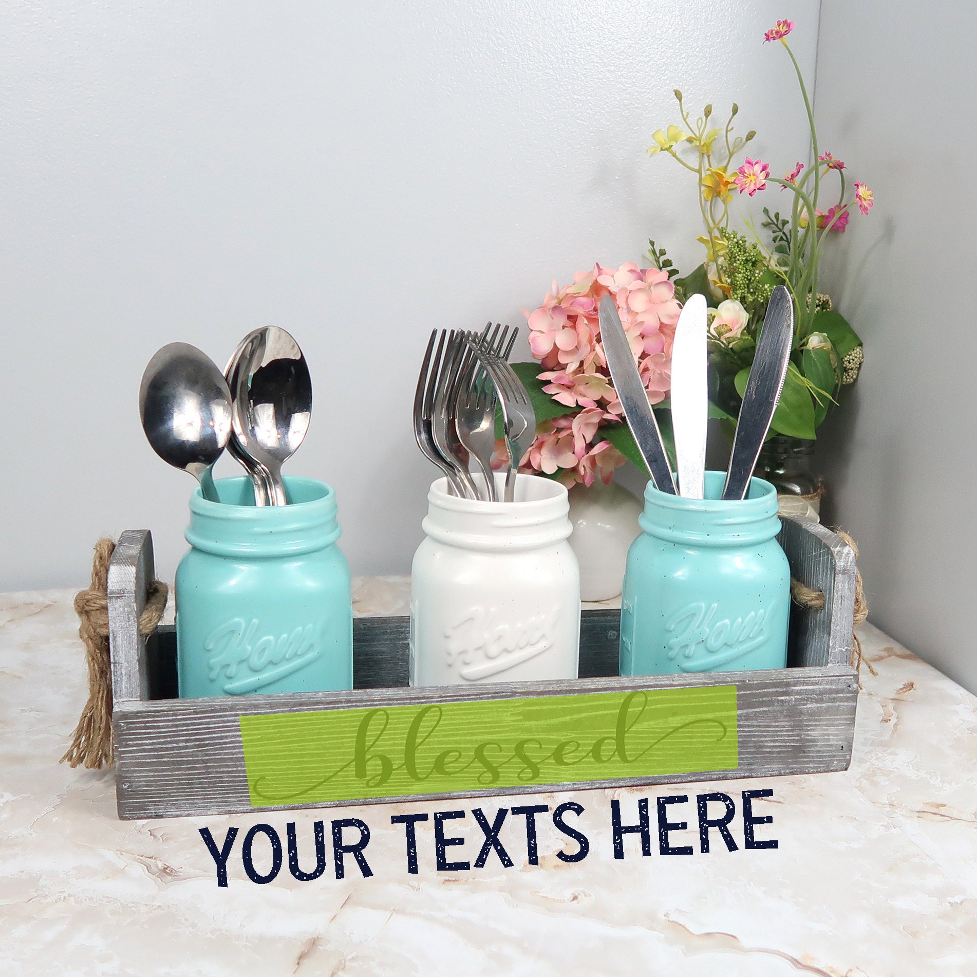 Personalized Mason Jar Utensil Holder With Custom Text Rustic Grey