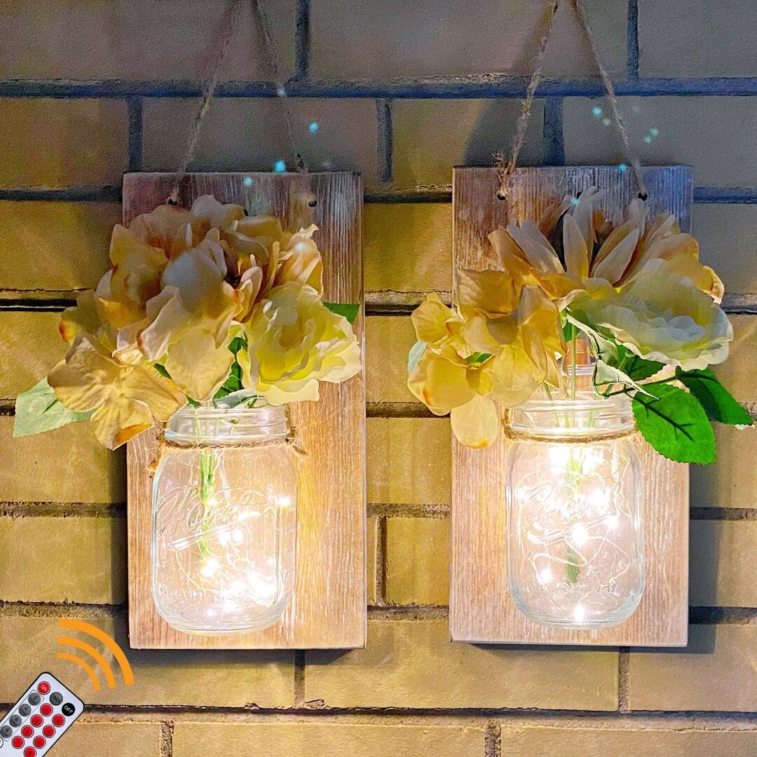 Rustic Mason Jar Sconce With LED Lights W Remote, Mason Jar Wall Decor
