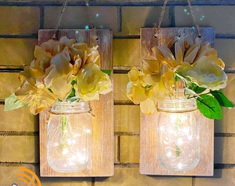 Rustic Mason Jar Sconce Set: Distressed Wood Wall Decor with LED Lights & Remote