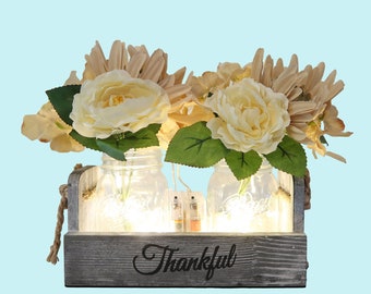 Rustic Mason Jar Centerpiece: LED Fairy Lights, Artificial Roses