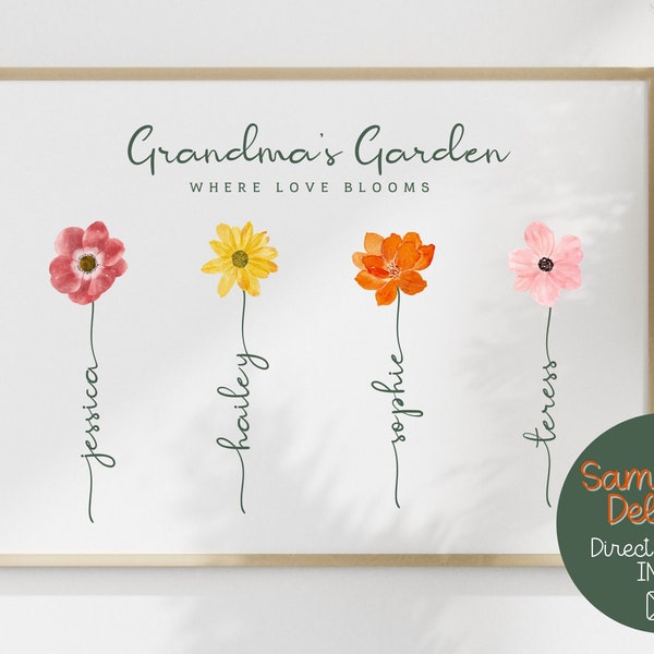 Same day Mother's day gift, Grandma's Garden, DIGITAL watercolour flower, gift for her, for mom, nana sign, nonna, grandma, oma, gma, nanny