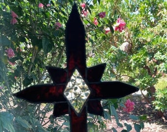 Brown Starburst Stained Glass Cross with Clear Bevel