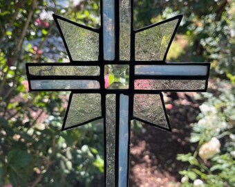 Higher Things Light Blue & Designer Glass cross with Clear Star Accent and Gray Patina