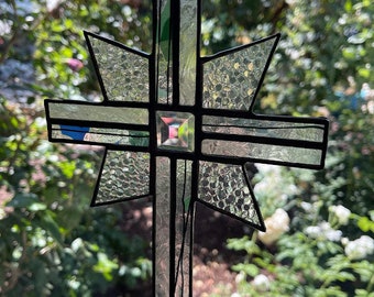 Higher Things Designer Glass cross with Bubble Glass Star Accent and Copper Patina