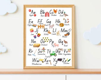 Poster dell'alfabeto a tema fattoria: download digitale istantaneo, decorazione da parete per la cameretta dei bambini, poster educativo