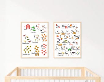 Poster con alfabeto e numeri della fattoria: decorazione per la cameretta dei bambini con acquerello (download digitale)